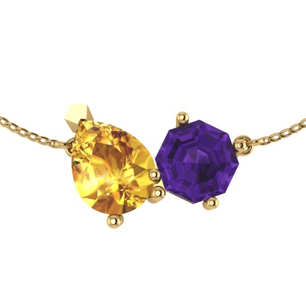 Dije con cadena con amatista asscher y citrino pera en oro amarillo de 14k 