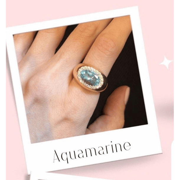 Anillo en oro amarillo de 14k con aguamarina brasileña y moissanitas de 1.5mm talla 7 1/4 