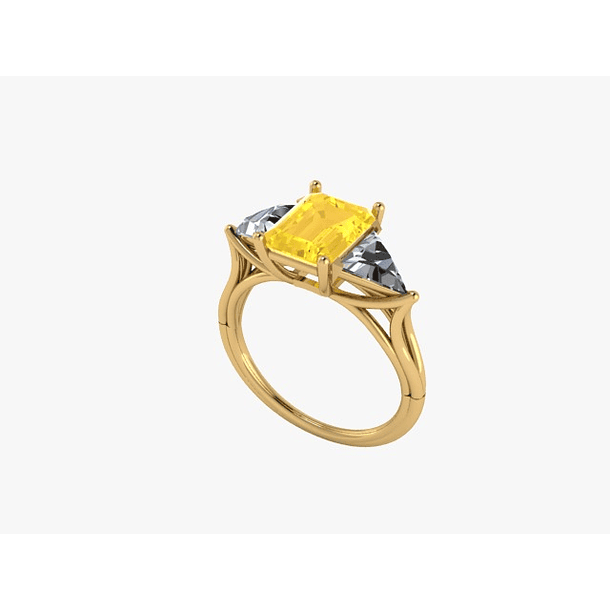  Anillo en oro amarillo de 14k en talla 8 con una moissanita octágono 9x7mm y 2 moissanitas triángulo de 6mm  