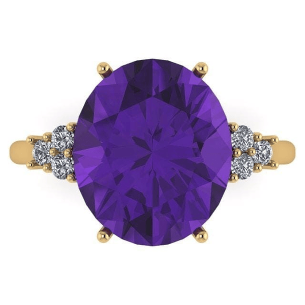 Anillo en oro amarillo de 14k con amatista y 6 moissanitas redondas de 2mm 