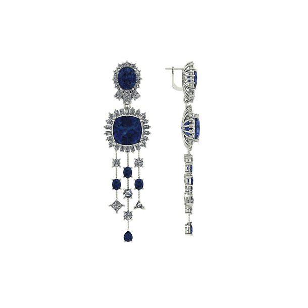 Aretes colgantes en oro blanco de 14k balado en rodio con topacio london blue corte especial, cianitas, zafiros y moissanitas en cortes varios 