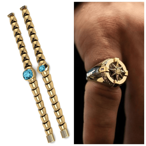 Set de joyería oráculo de energías en oro amarillo de 14k, gargantilla, pulso y anillo con gemas especiales. Diseño personalizado. 