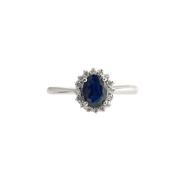 Anillo estilo lady di con topacio london blue corte oval de 11x9mm rodeado de 18 moissanitas redondas de 2mm en plata ley 925 talla 11 