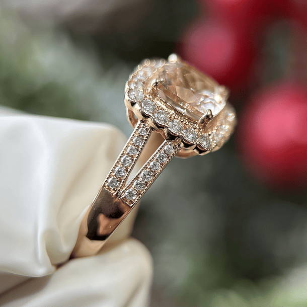 Anillo con morganita y diamante natural en oro rosa de 14k  2