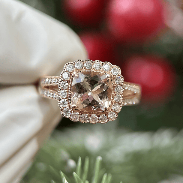 Anillo con morganita y diamante natural en oro rosa de 14k  4