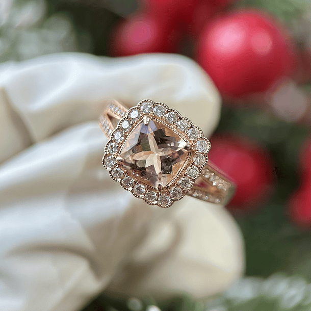 Anillo con morganita y diamante natural en oro rosa de 14k  5