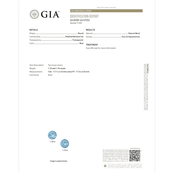 Par de aguamarinas GIA-1.10 y 1.15ct-7.04-7.11x4.16mm y 6.97-7.13x4.53mm 4