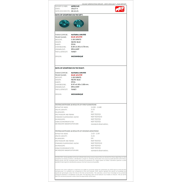 Par de Apatito color Paraíba-1.98ct y 1.68ct-8.89x6.90x4.79mm y 8.97x6.98x3.88mm 4