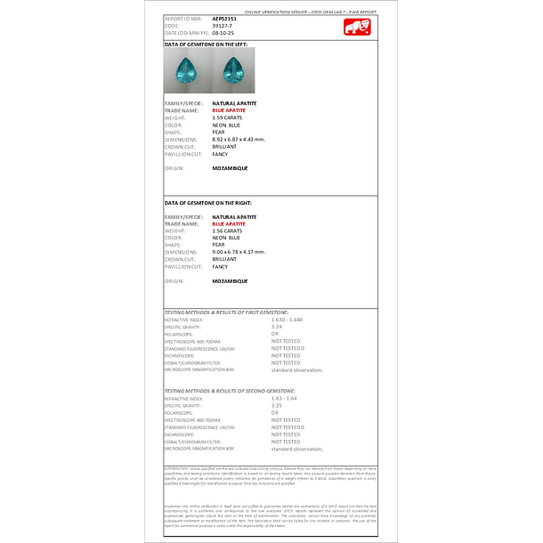 Par de Apatito color Paraíba-1.59ct y 1.56ct-8.92x6.87x4.43mm y 9.00x6.78x4.17mm 4