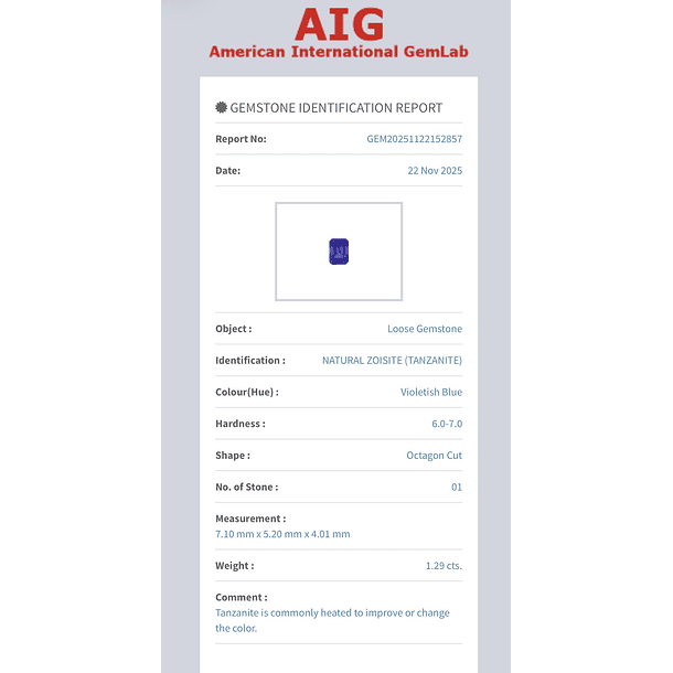 Tanzanita AIG-1.29ct-7.10x5.20x4.01mm 5
