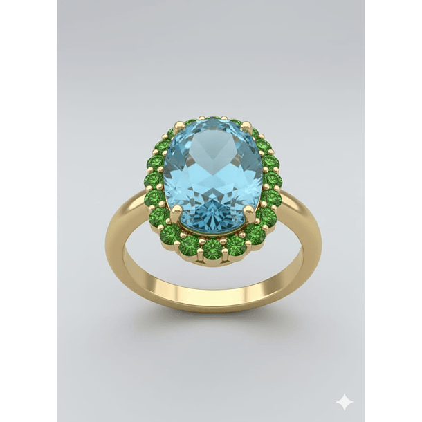 Anillo con topacio azul  con halo de peridotos en oro amarillo 14k
