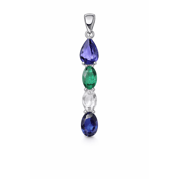 Dije con cadena en plata ley 925 con zafiro, esmeralda, aguamarina y tanzanita