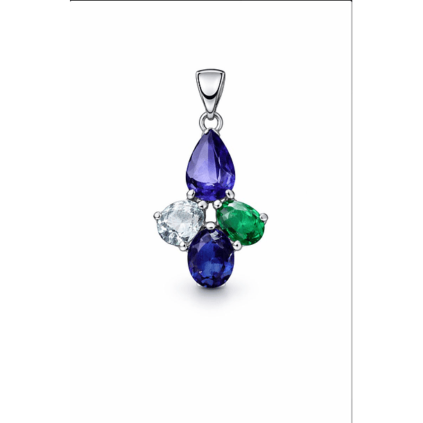 Dije en plata ley 925 con baño de oro con tanzanita, aguamarina, esmeralda y zafiro