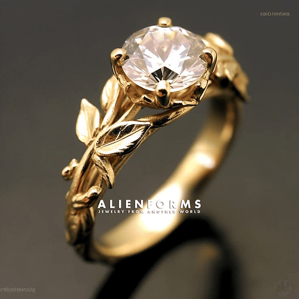 Anillo de hojas en oro amarillo de 10k con moissanitas y turmalinas. Talla 4 1/4.