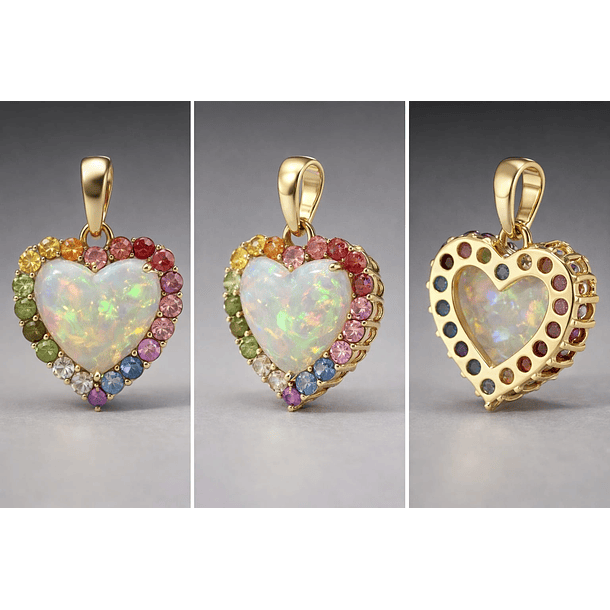 Dije con ópalo cabujon corte corazón antiguo con halo multicolor en oro amarillo de 14k