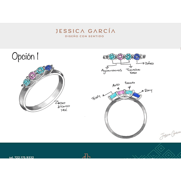 Churumbela en oro blanco de 14k con aguamarina, turmalina y zafiro de 3mm. Talla 5.