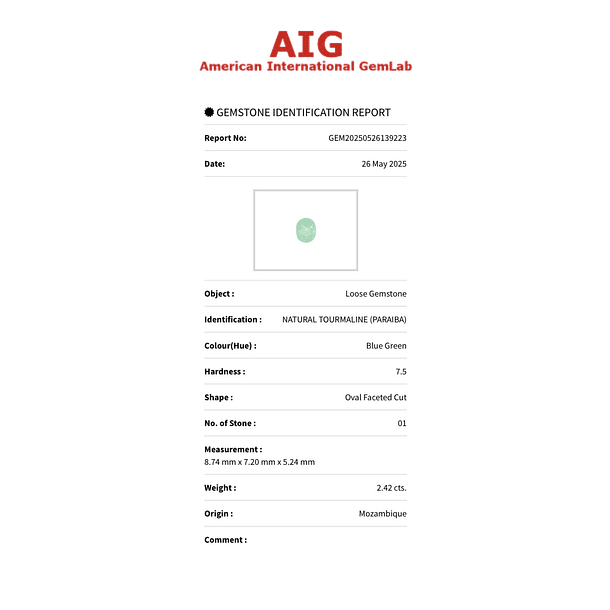 Turmalina Paraíba AIG-2.42ct-8.74x7.20x5.24mm 5