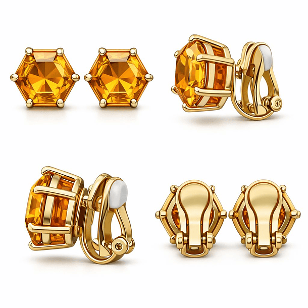 Aretes de clip con par de citrinos corte hexágono de 9x9mm en plata ley 925 con baño de oro