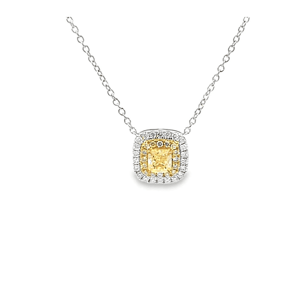 Gargantilla en oro amarillo de 14k con diamante natural amarillo y doble halo de moissanitas. Cadena a 42cm.