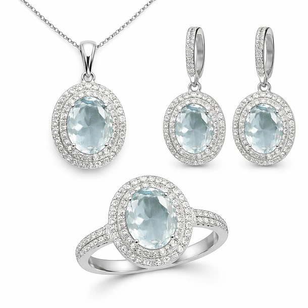 Juego de joyeria: Anillo talla 8, Dije sin cadena y aretes con aguamarinas corte oval y moissanitas en oro amarillo 10k 