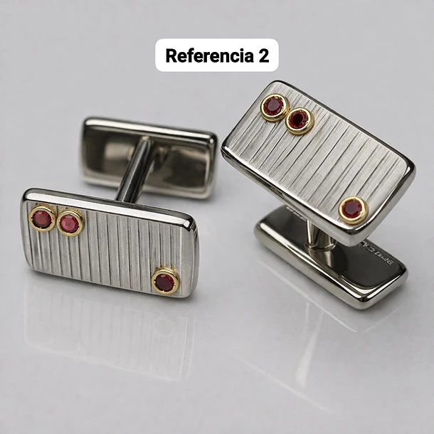 Mancuernillas en plata con baño de rodio de 18x12mm con rubíes de 2mm redondo a bisel con baño de oro