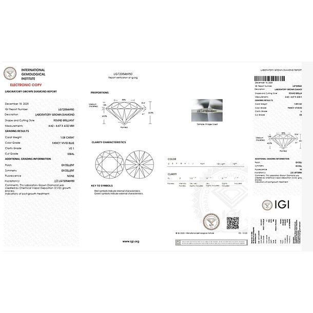 Diamante azul de laboratorio IGI-1.08ct-6.62x6.67x4.02mm 4
