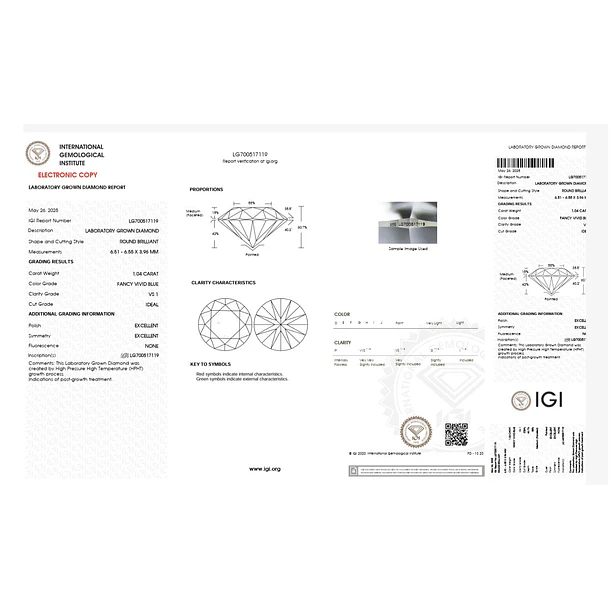 Diamante azul de laboratorio IGI-1.04ct-6.51x6.55x3.96mm 4