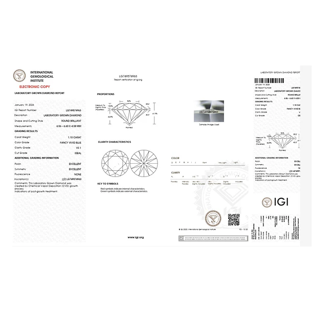 Diamante azul de laboratorio IGI-1.10ct-6.56x6.60x4.08mm 4