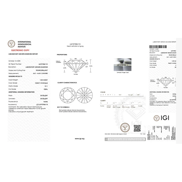 Diamante azul de laboratorio IGI-1.05ct-6.61x6.63x3.94mm 4