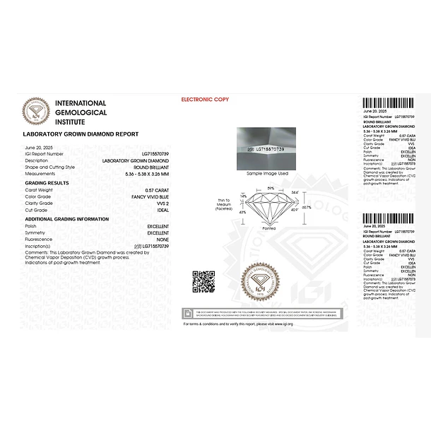 Diamante azul de laboratorio IGI-0.57ct-5.36x5.38x3.26mm 5