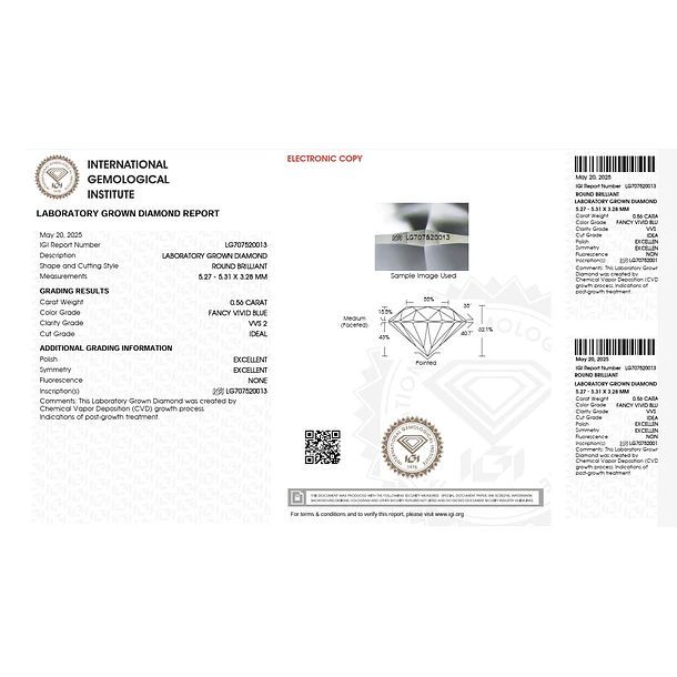 Diamante azul de laboratorio IGI-0.56ct-5.27x5.31x3.28mm 5