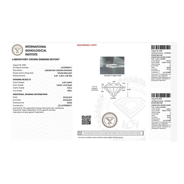 Diamante azul de laboratorio IGI-0.59ct-5.43x5.45x3.28mm 5