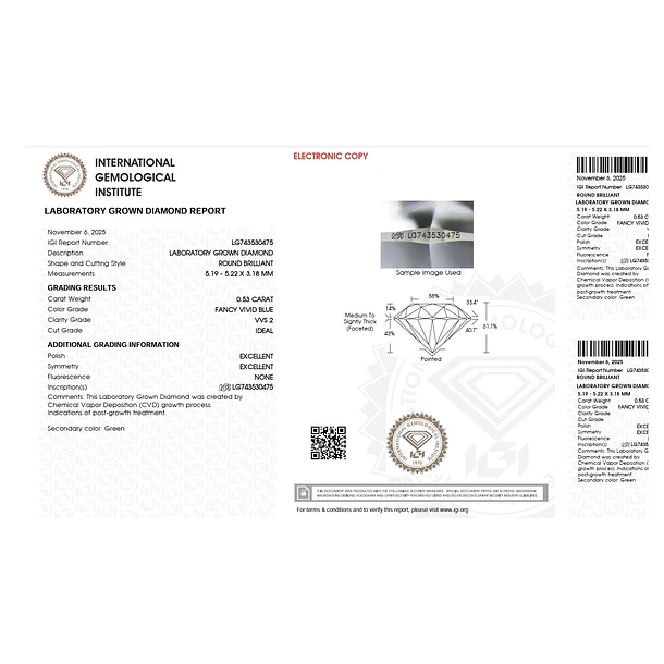 Diamante azul de laboratorio IGI-0.53ct-5.19x5.22x3.18mm 5