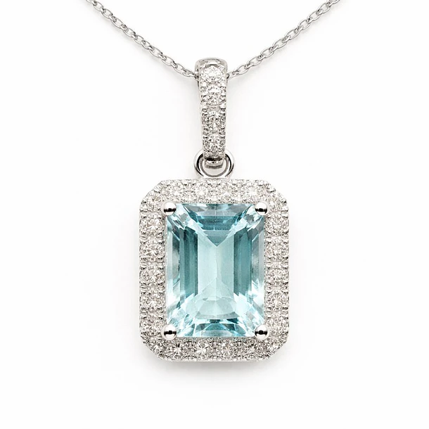 Dije de aguamarina corte cojin con halo brillante de diamantes