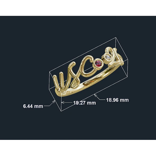 anillo con iniciales y dos gemas al centro, rubi redondo 1.8mm y moissanita amarilla de 1.7mm talla 6 en oro amarillo de 14k 
