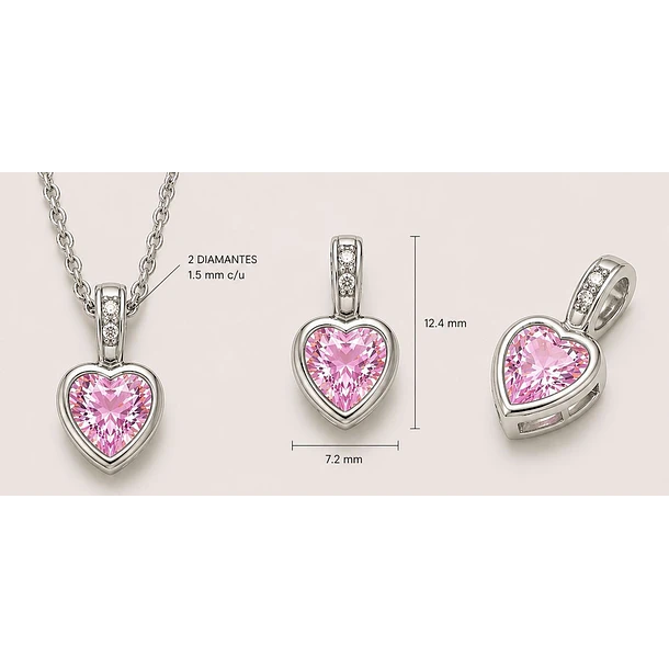 Dije con cadena en plata con zafiro corte corazon 6x5.1mm y diamante de laboratorio