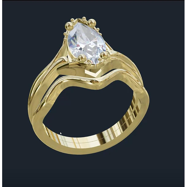 anillo con alianza en oro de 14k amarillo con Diamante de laboratorio Marquesa color champagne de 13x6.3x4mm