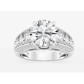 Anillo en oro blanco de 14k con Zafiro, halo brillante y moissanitas a los costado talla 6,5mm