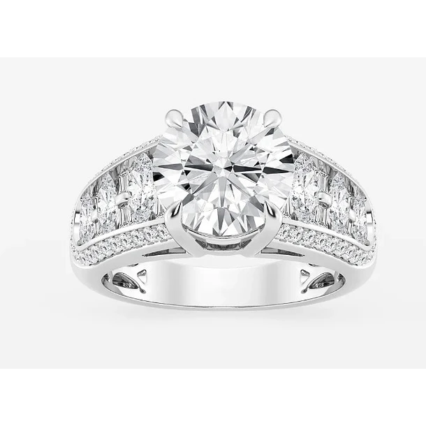 Anillo en oro blanco de 14k con Zafiro, halo brillante y moissanitas a los costado talla 6,5mm
