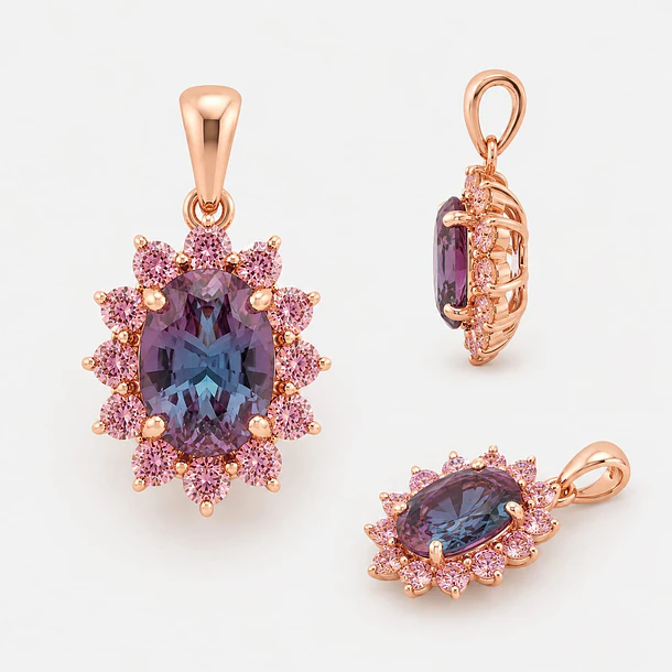 Dije con halo de moissanitas con cadena en oro rosa de 14k 