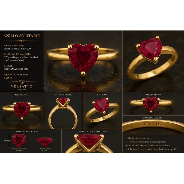 Anillo solitario en oro amarillo 14k con Rubi corazon talla 8.5