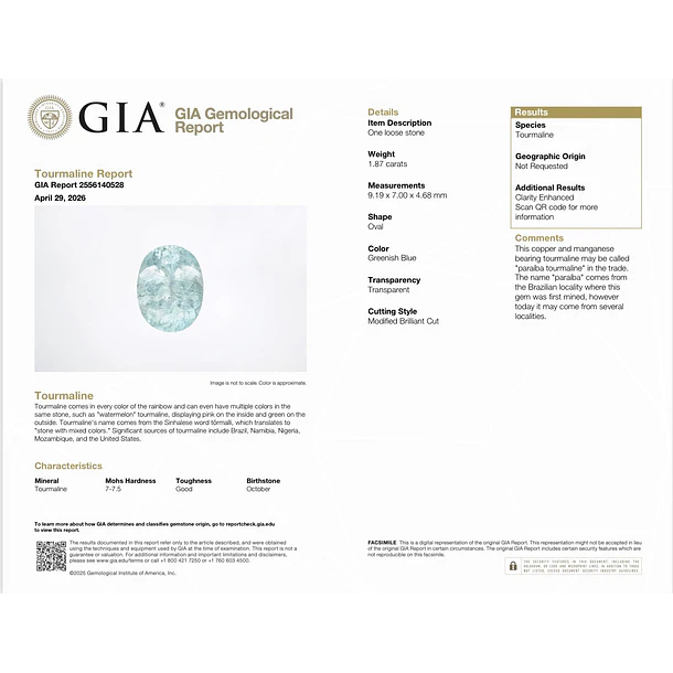Tumalina paraíba GIA-1.87ct-9.19x7x4.68mm 4
