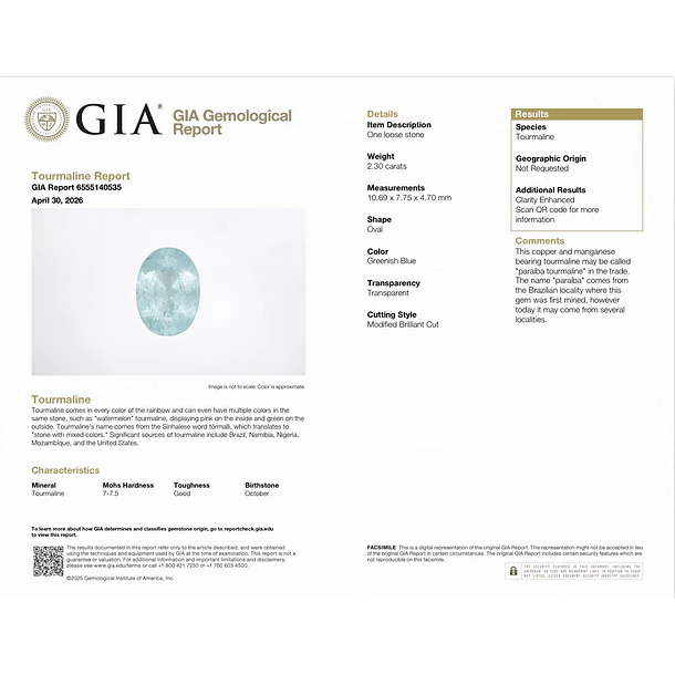 Turmalina paríba GIA-2.30ct-10.69x7.75x4.70mm 4