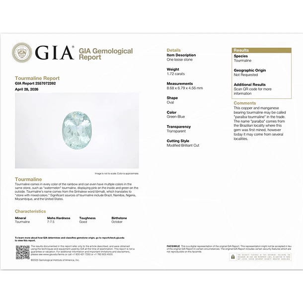 Turmalina paraíba GIA-1.72ct-8.68x6.79x4.56mm 4