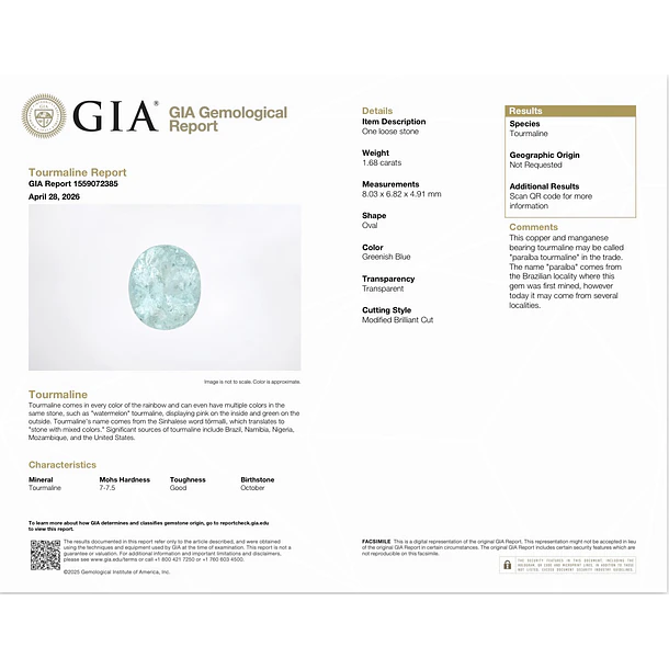 Turmalina paraíba GIA-1.68CT-8.03x6.82x4.91mm 4