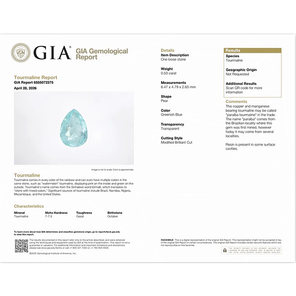 Turmalina paraíba GIA-0.53CT-6.47x4.79x2.65mm 4