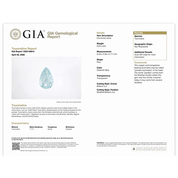Turmalina paraíba GIA-0.94ct-8.49x5.56x3.17mm 5