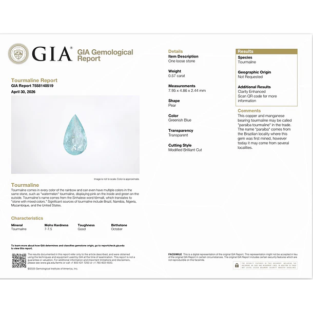 Turmalina paraíba GIA-0.57ct-7.95x4.86x2.44mm 4