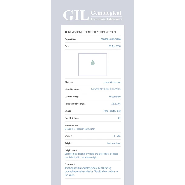 Turmalina paraíba GIL-0.51ct-6.49x4.83x2.63mm 4