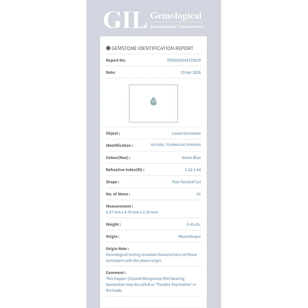 Turmalina paraíba GIL-0.45ct-6.37x4.76x2.30mm 4